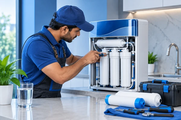 Technician repairing domestic water purifier machine